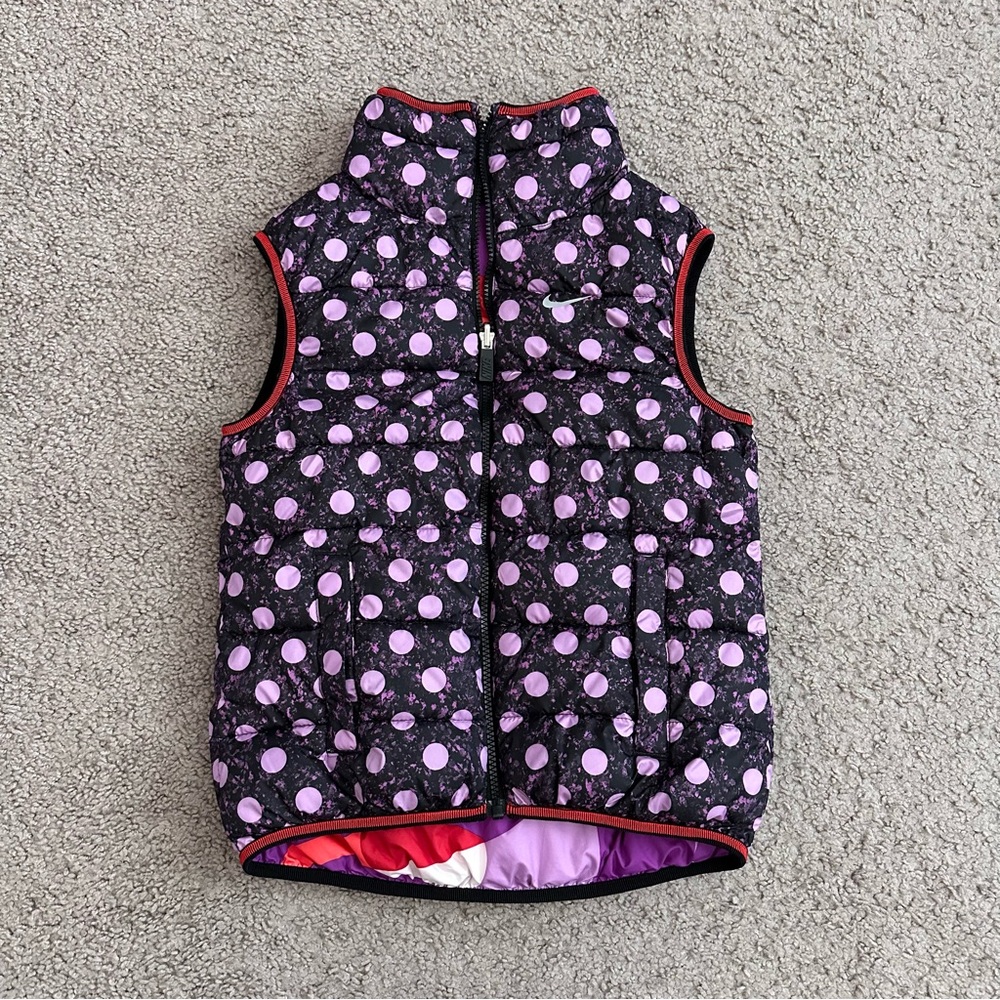 Nike Reversible Purple Polka Dot Camo Puffer Vest Girls M
